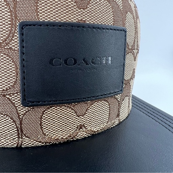 COACH Signature Flat Brim Hat Khaki Leather Cotton Black NWOT - Picture 2 of 10